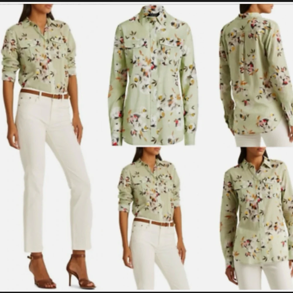 Ralph Lauren Pastel Green Floral MomCore Button Down Long Sleeve Blouse 2X - Picture 1 of 7